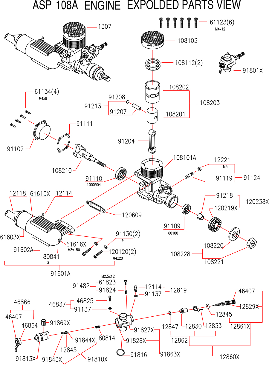 ASP S108A Two Stroke Glow / Nitro Engine for RC Airplane