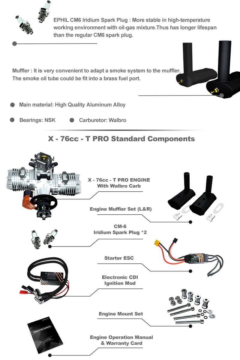 EPHIL X-76cc-T Pro Gasoline Engine With E-Starter Spark Plugs & Electronic Ignition