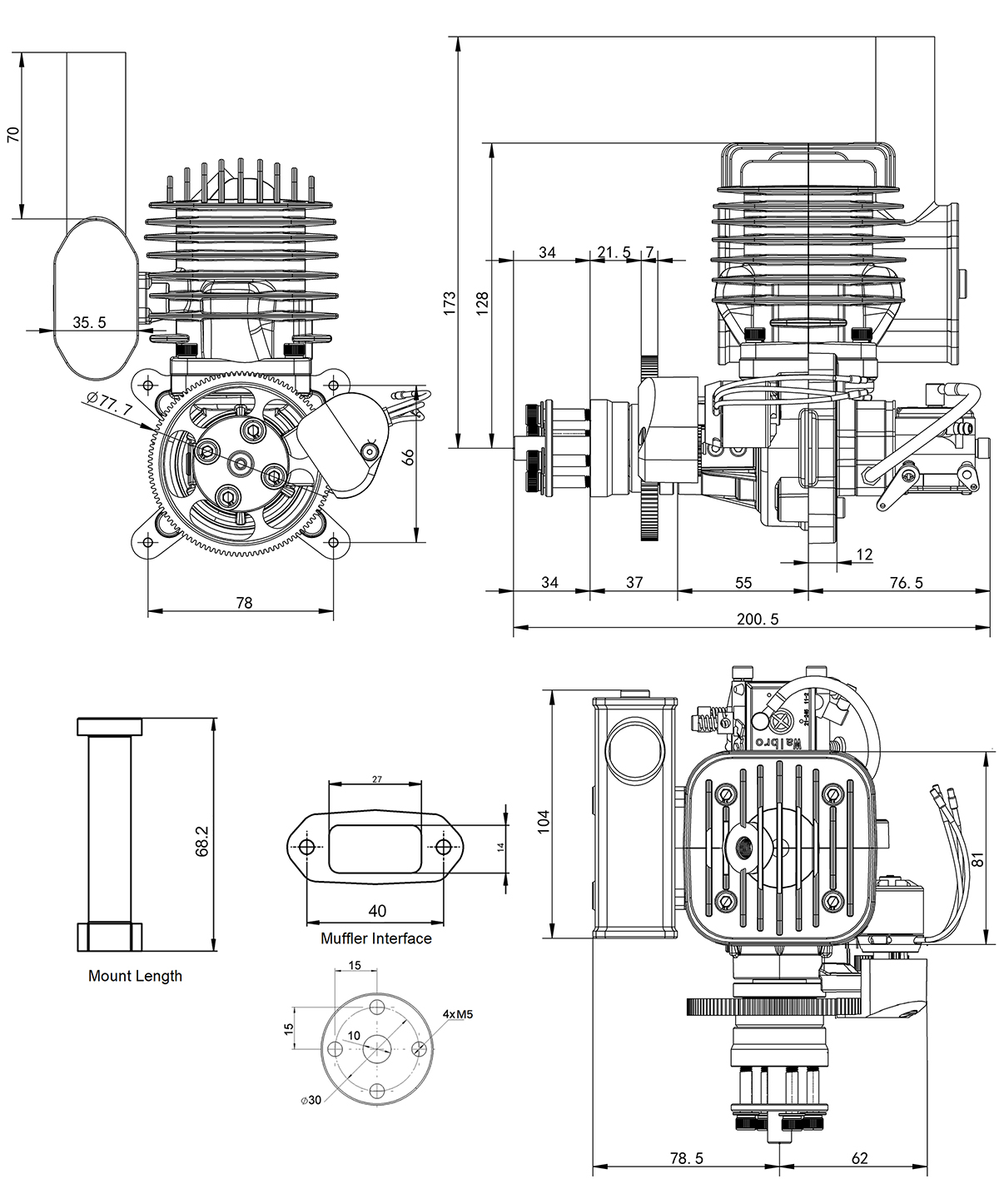 EPHIL X-60cc-S Pro Gasoline Engine With E-Starter Spark Plug & Electronic Ignition