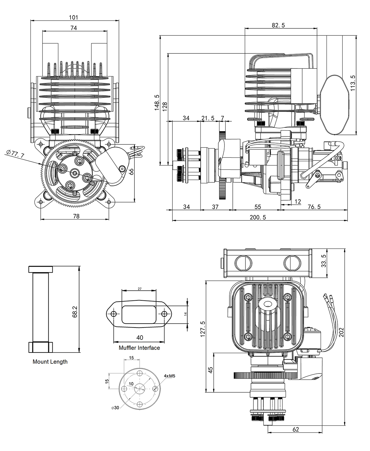 EPHIL X-60cc-R Pro Gasoline Engine With E-Starter Spark Plug & Electronic Ignition