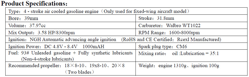 NGH GF38 38cc 4 Stroke Gasoline Engine / Petrol Engines